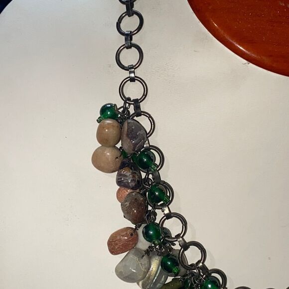 Vintage Semi Precious Stone & Green Glass Cluster Necklace - Picture 2 of 16